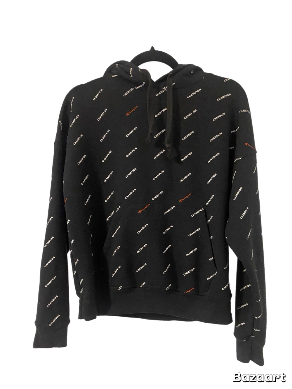 Champion Black Allover Logo Pullover Hoodie with white accents.